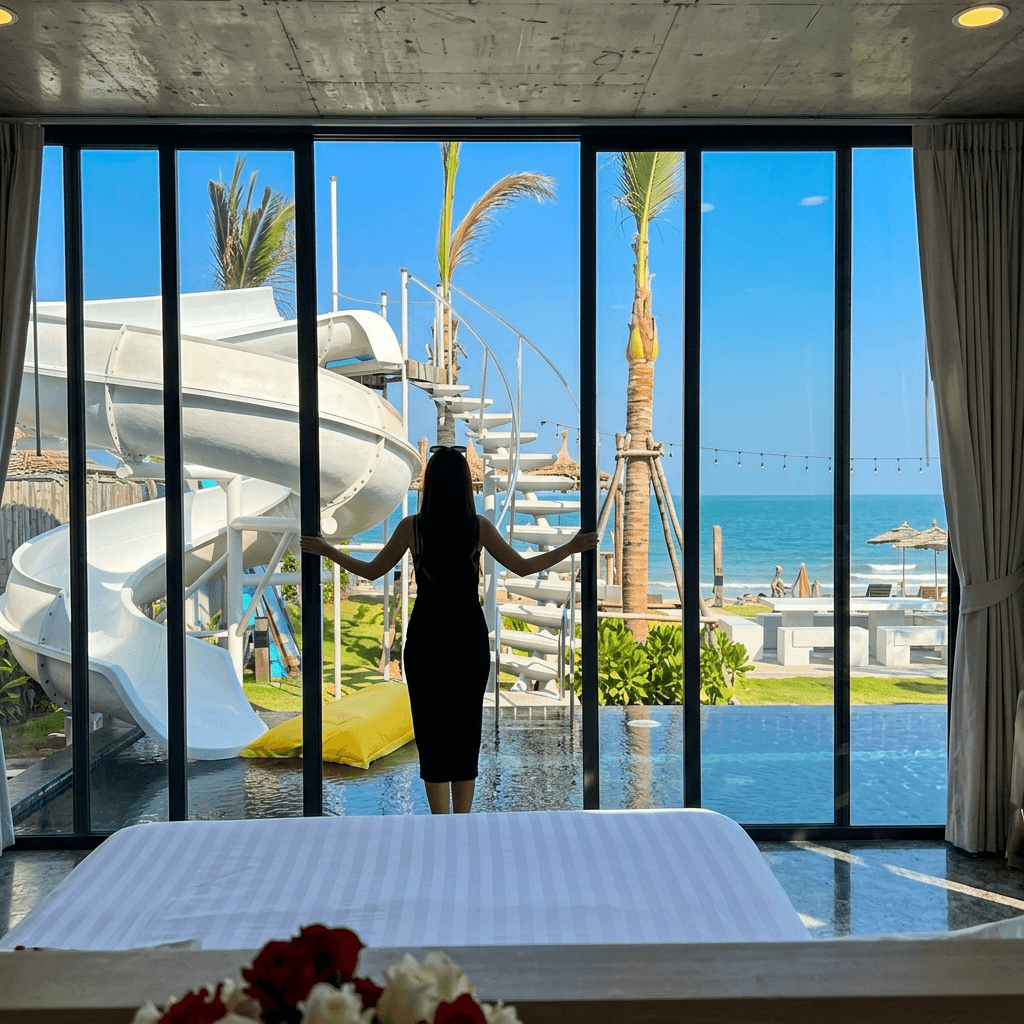 Kay opening glass doors to a beachfront villa with ocean view