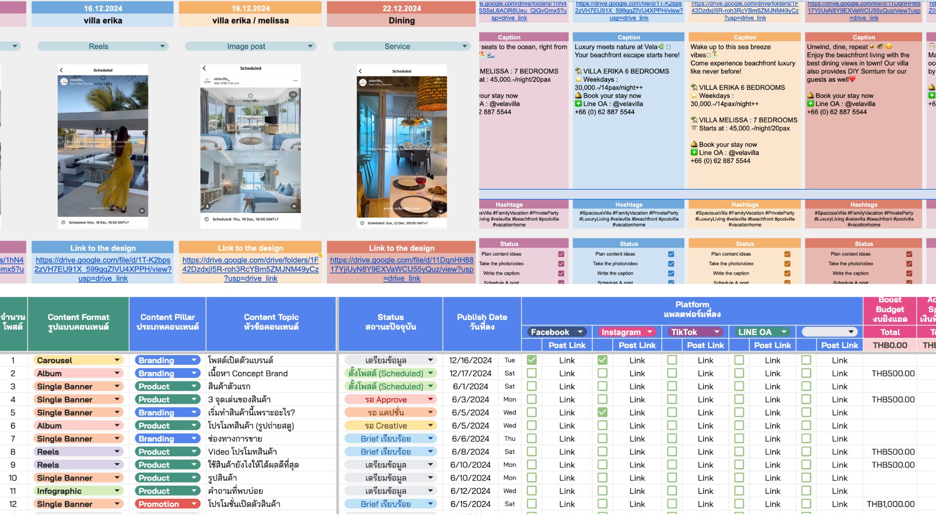 Example content calendar and planning sheet for villa social media management